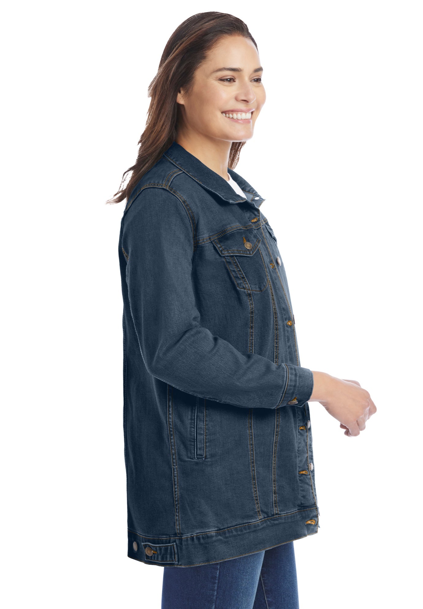 Long Stretch Denim Jacket with Side Adjusters, Indigo