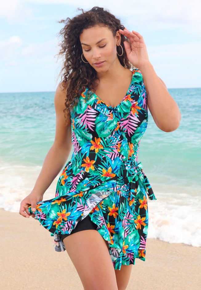 Faux-Wrap Swim Dress image number 1