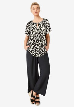 Drawstring Notchneck Keyhole Short Sleeve Peasant Blouse