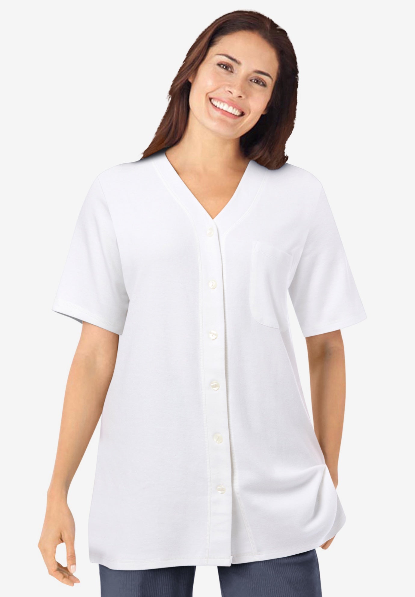 7-Day Short-Sleeve Baseball Tunic V Neck, Sage | Woman Within
