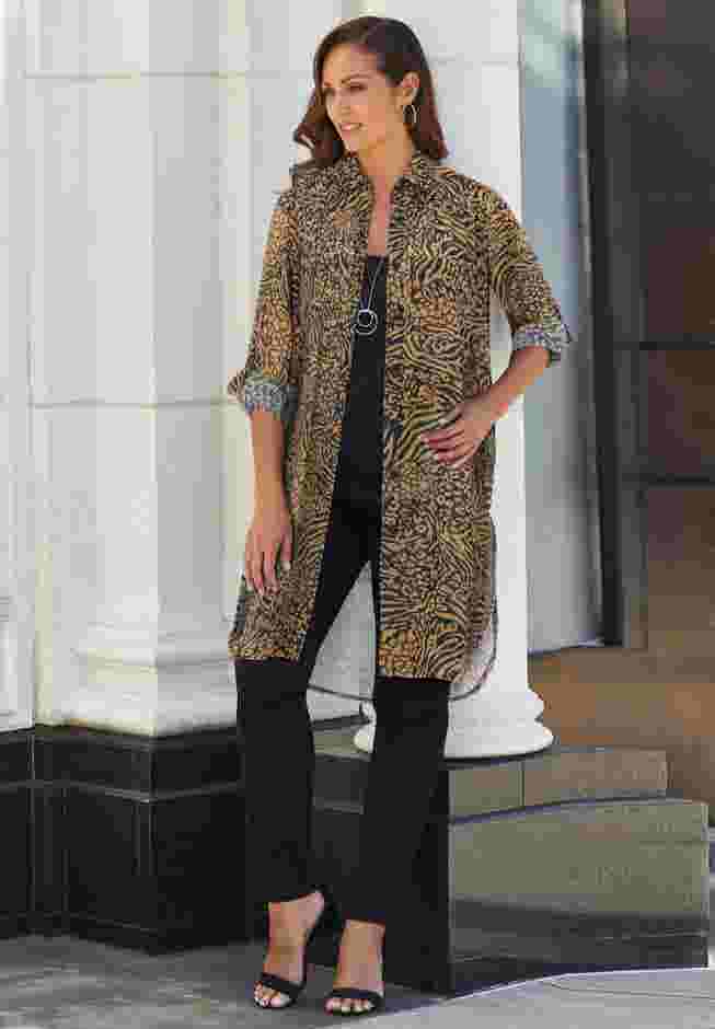 Long Sheer Georgette Mega Tunic, Camel Mixed Animal | Woman Within