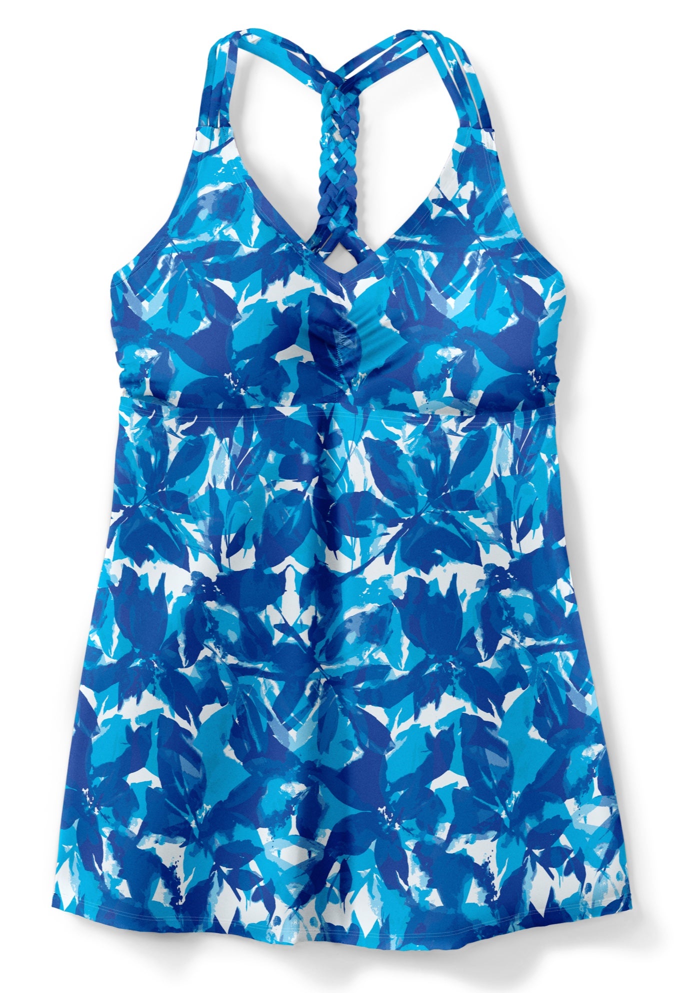 Longer-Length Ruched V-Neck Braided Racerback Tankini Top image number 2