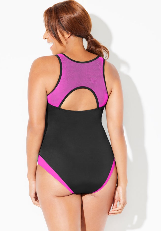 Zip-Front High Neck Chlorine Resistant One Piece Swimsuit image number null