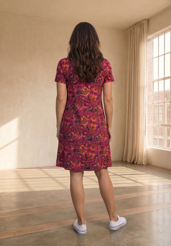 Stretch Knit Scoop Neck Short Sleeve A Line Dress image number 1