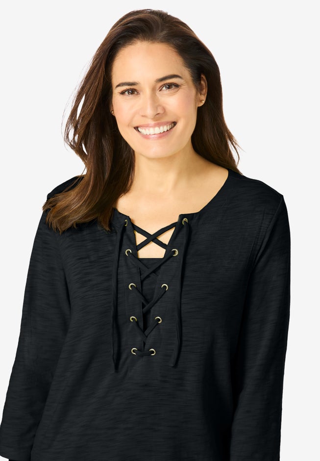 Lace-Up Three-Quarter Sleeve Tee image number 3