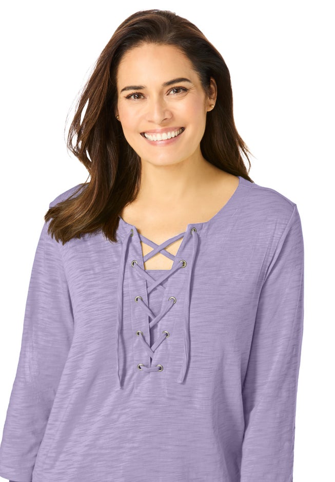 Lace-Up Three-Quarter Sleeve Tee image number 3