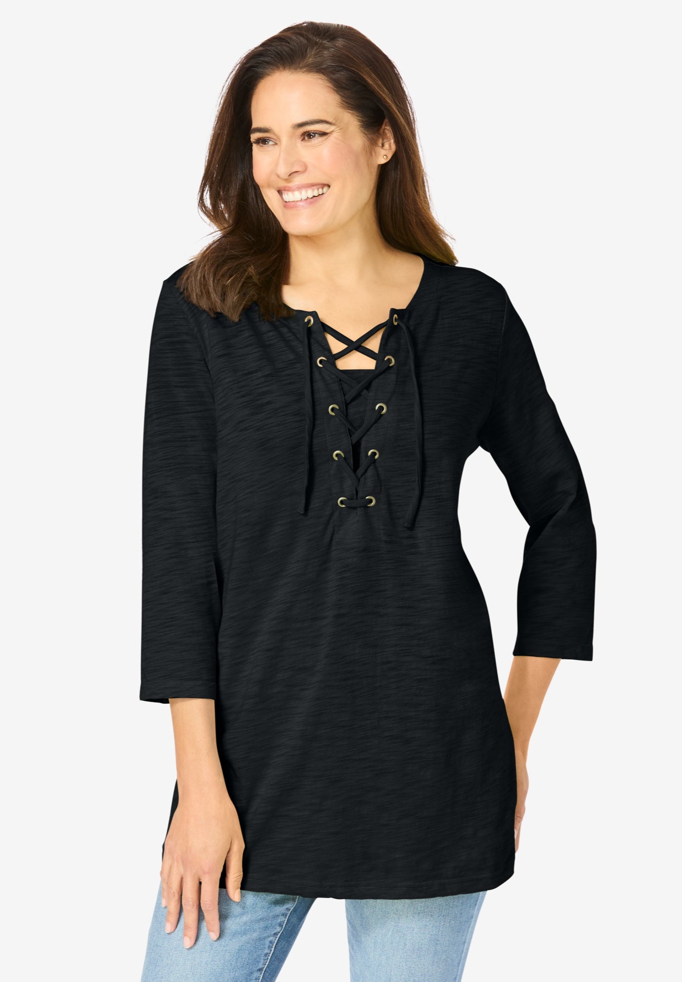 Lace-Up Three-Quarter Sleeve Tee image number 0