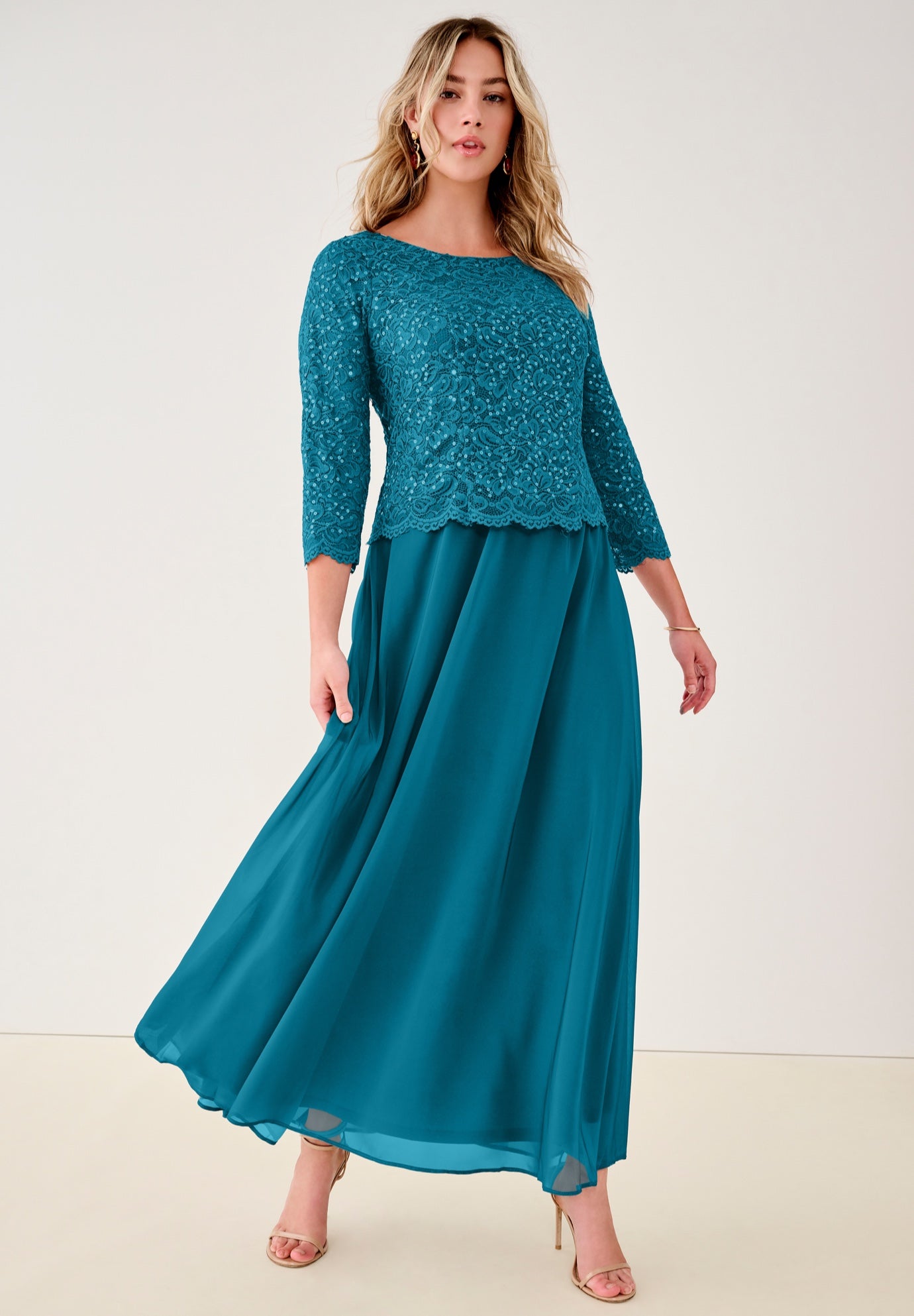 Plus Size Sequin Lace Three Quarter Sleeve A-Line Gown image number 0