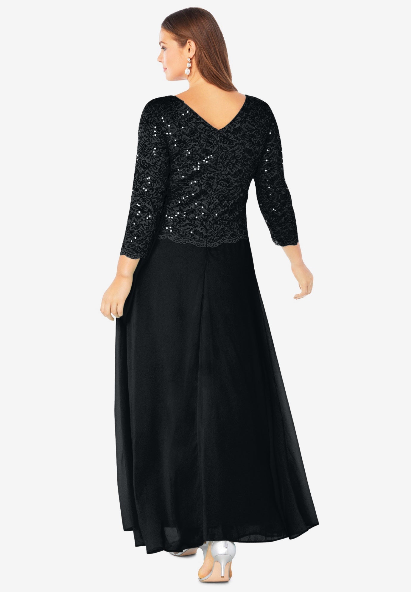 Plus Size Sequin Lace Three Quarter Sleeve A-Line Gown image number 1