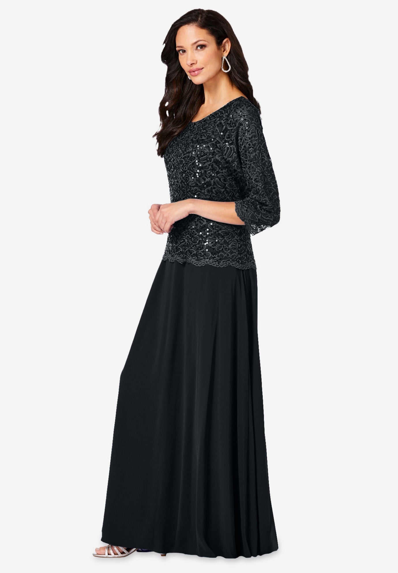 Plus Size Sequin Lace Three Quarter Sleeve A-Line Gown image number 2