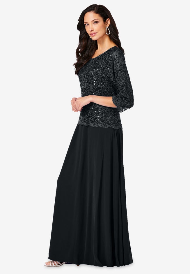 Plus Size Sequin Lace Three Quarter Sleeve A-Line Gown image number 2
