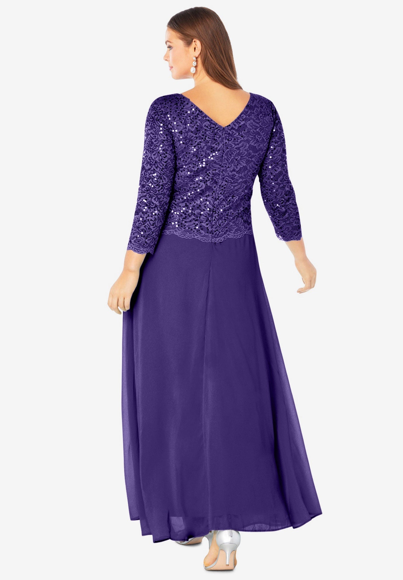 Plus Size Sequin Lace Three Quarter Sleeve A-Line Gown image number 1