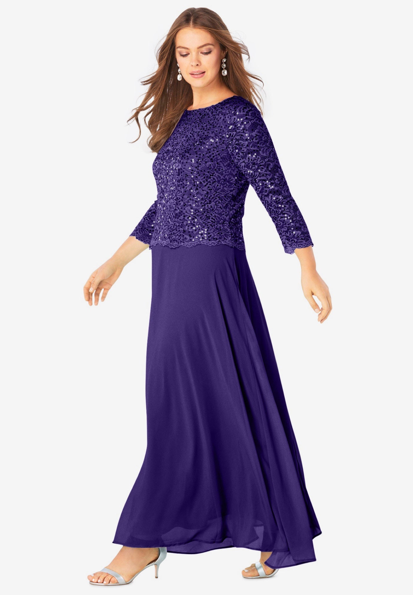 Plus Size Sequin Lace Three Quarter Sleeve A-Line Gown image number 2