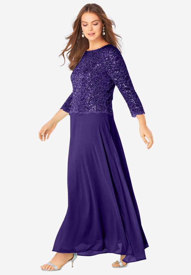 Plus Size Sequin Lace Three Quarter Sleeve A-Line Gown image number 2
