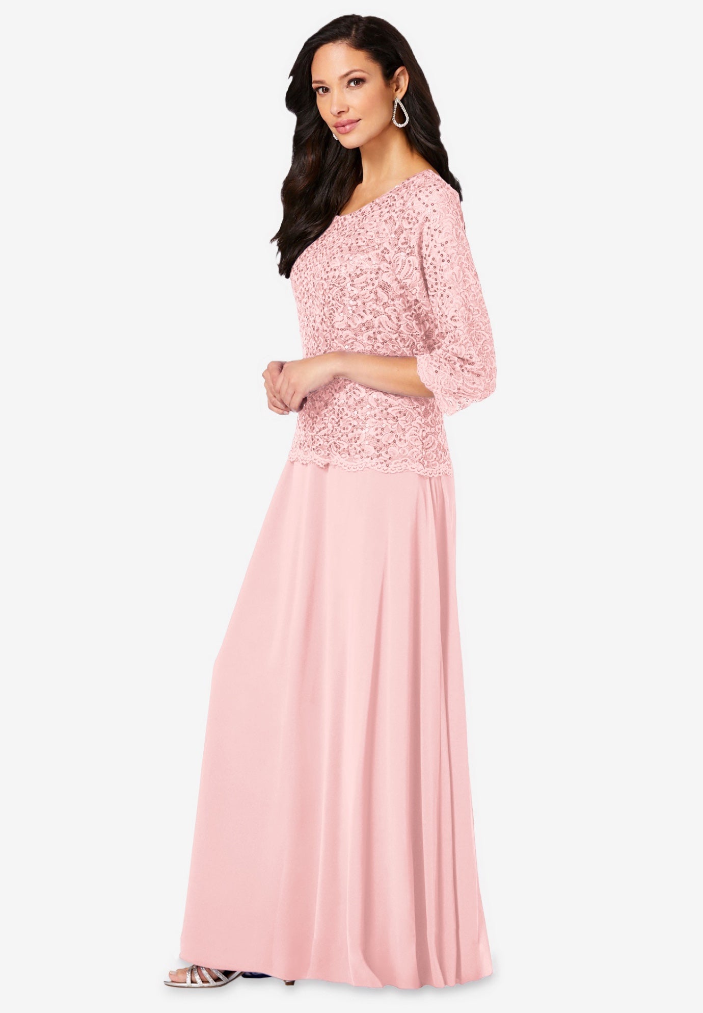 Plus Size Sequin Lace Three Quarter Sleeve A-Line Gown image number 2