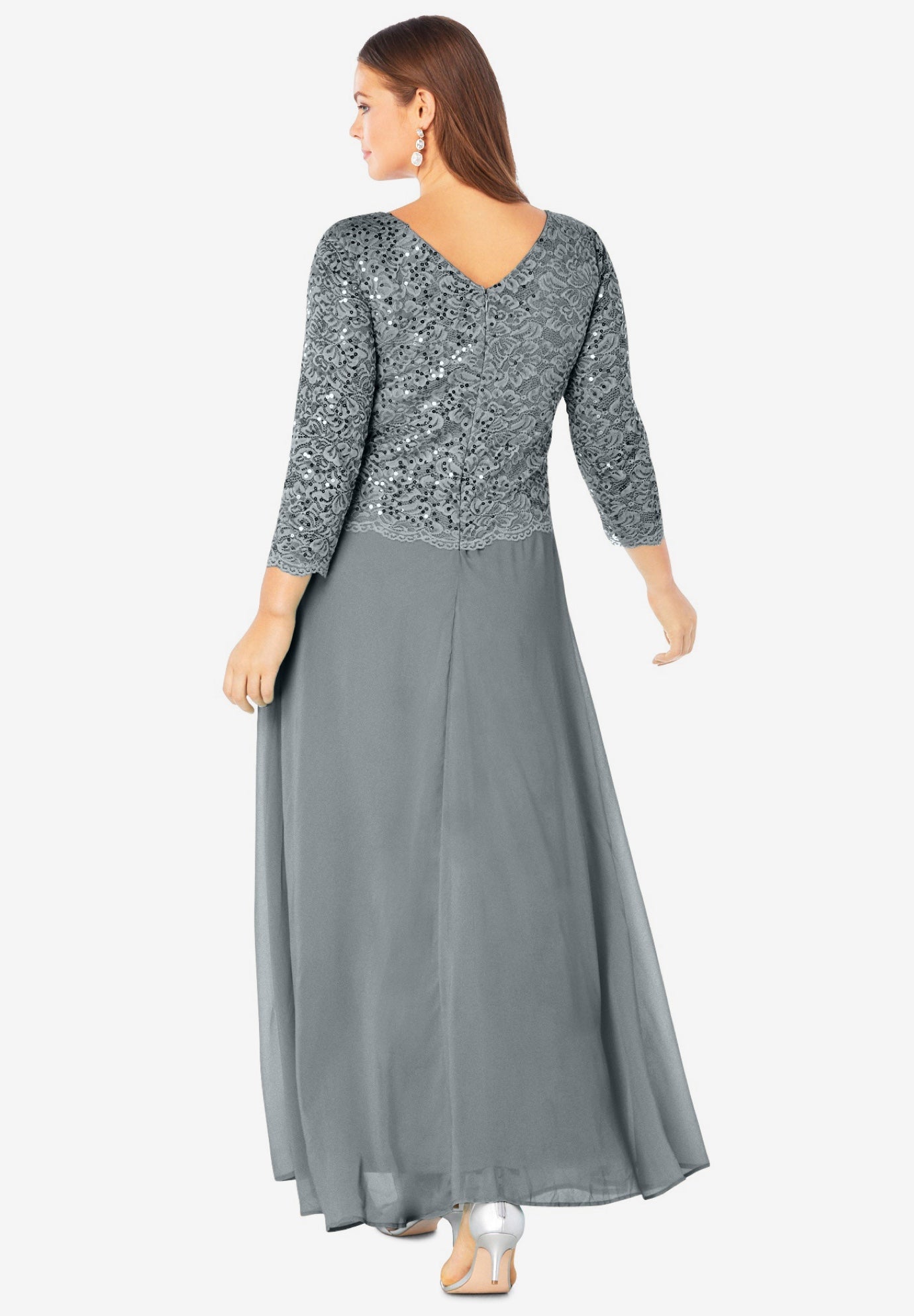 Plus Size Sequin Lace Three Quarter Sleeve A-Line Gown image number 1
