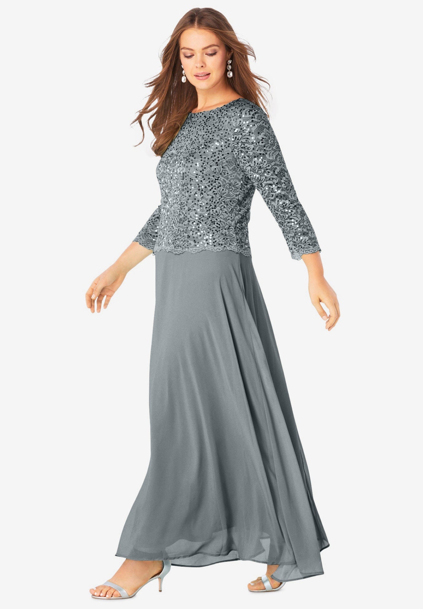 Plus Size Sequin Lace Three Quarter Sleeve A-Line Gown image number 2