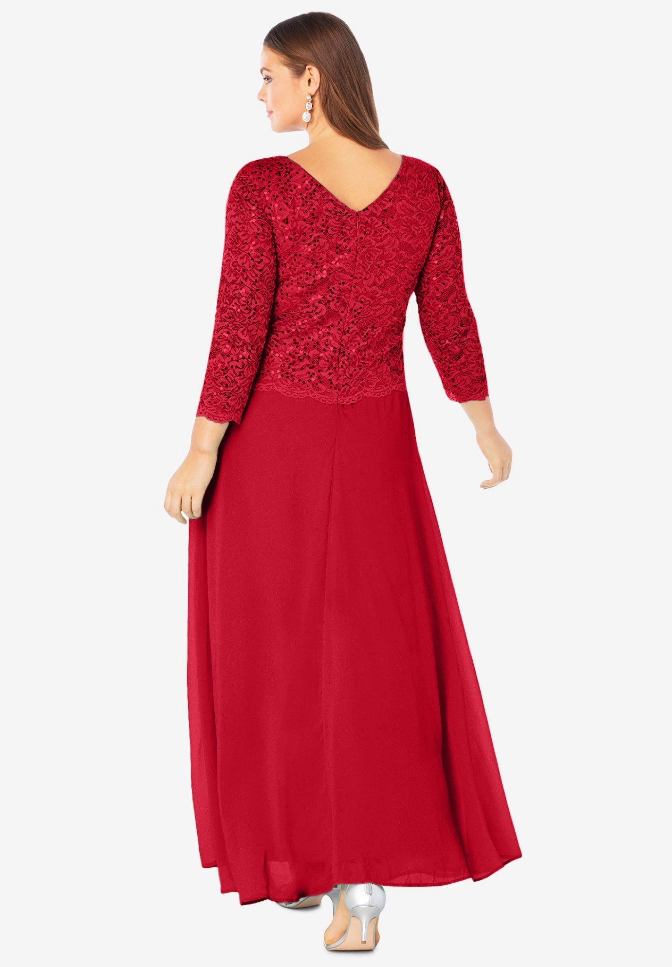 Plus Size Sequin Lace Three Quarter Sleeve A-Line Gown image number 1