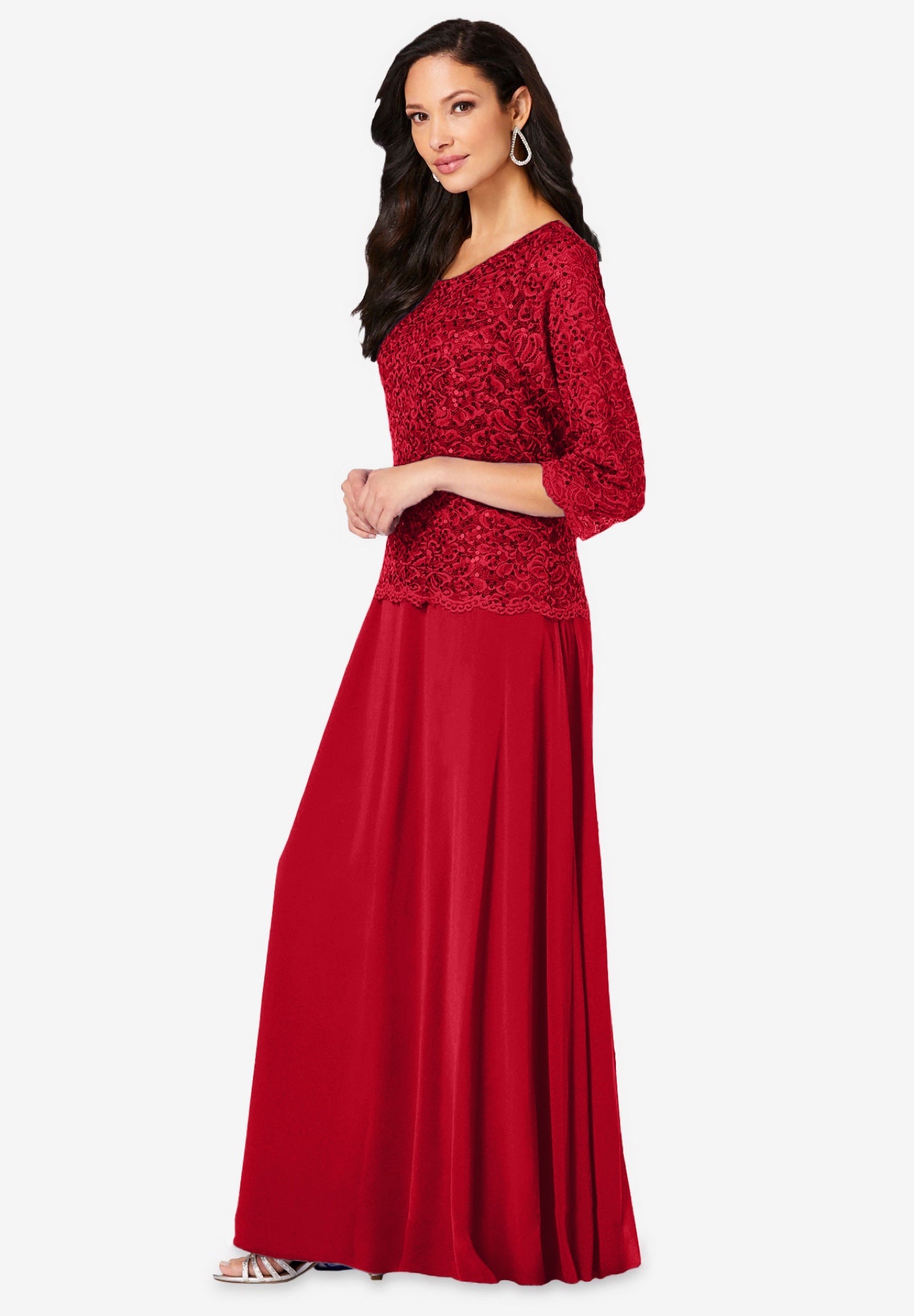 Plus Size Sequin Lace Three Quarter Sleeve A-Line Gown image number 2