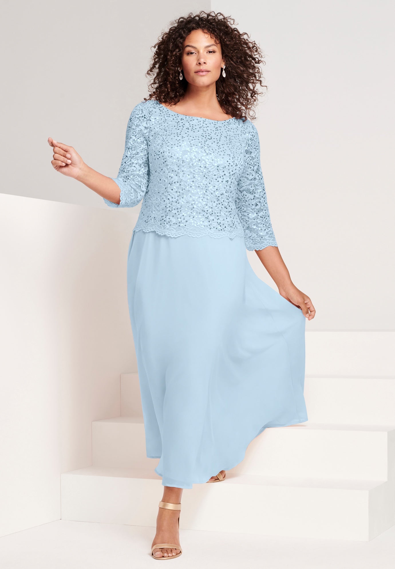 Plus Size Sequin Lace Three Quarter Sleeve A-Line Gown image number 0