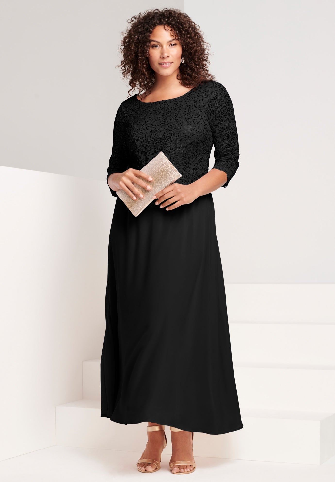 Plus Size Sequin Lace Three Quarter Sleeve A-Line Gown image number 0