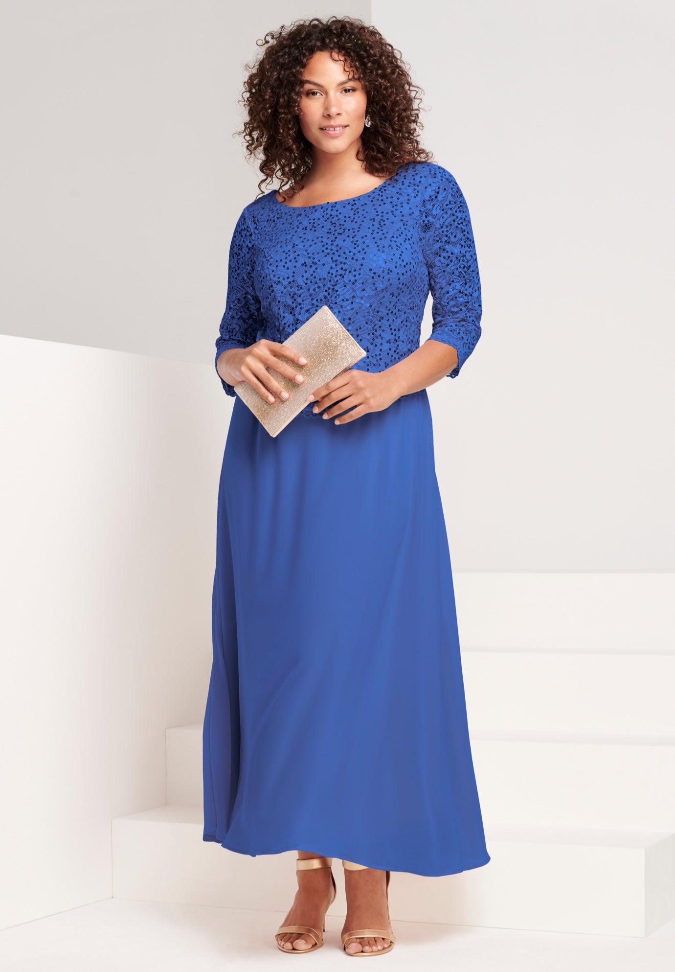 Plus Size Sequin Lace Three Quarter Sleeve A-Line Gown image number 0