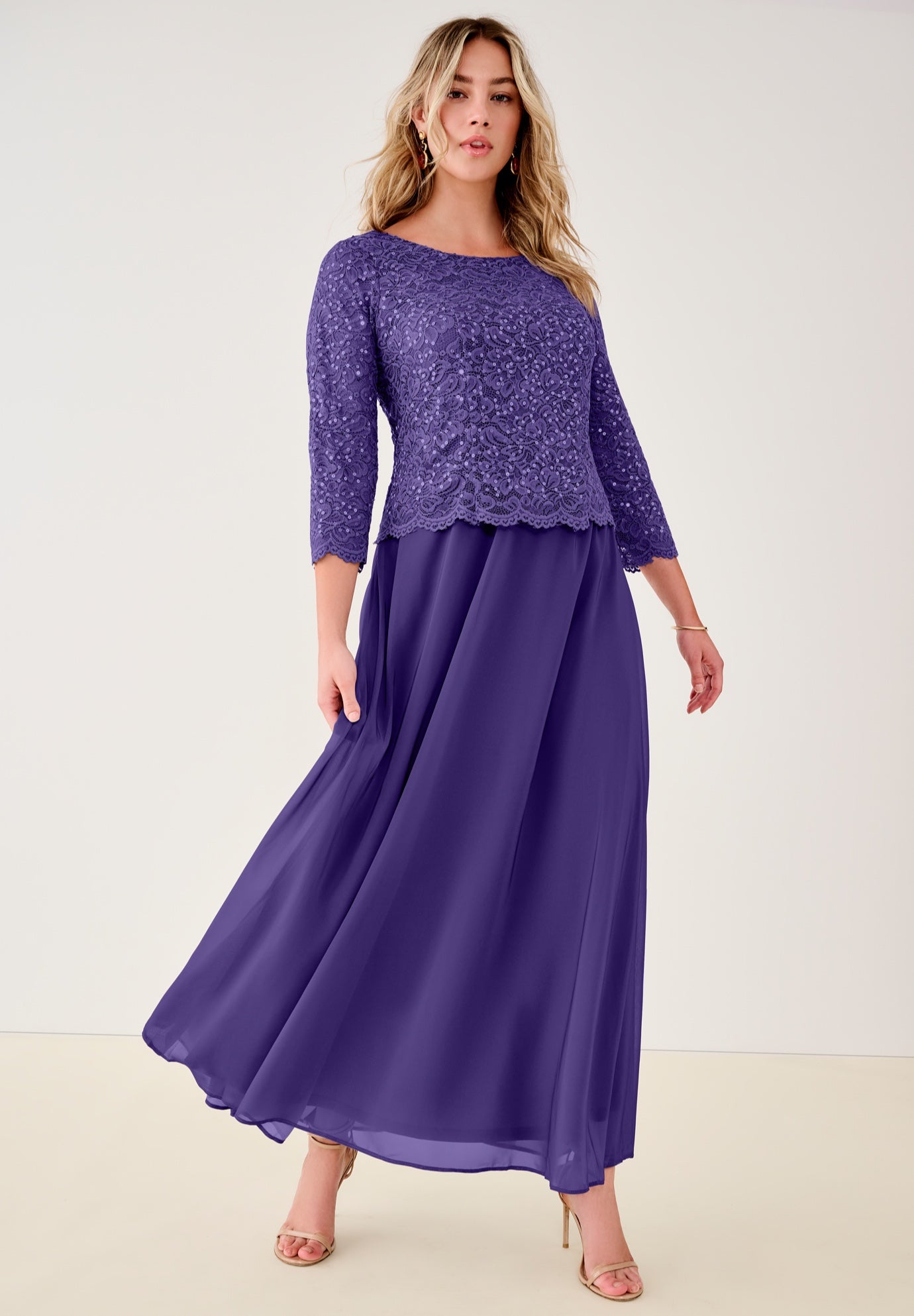 Plus Size Sequin Lace Three Quarter Sleeve A-Line Gown image number 0