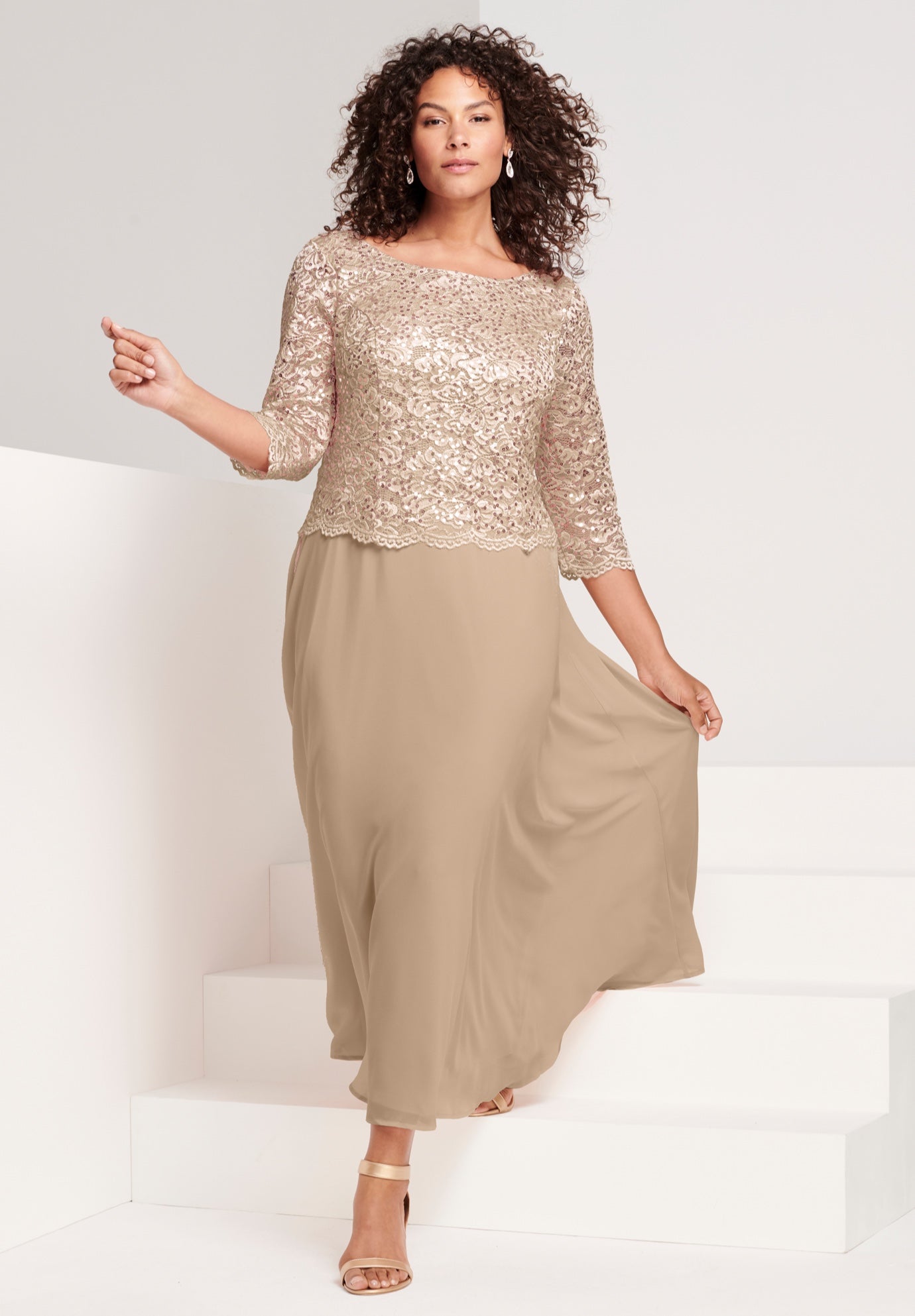 Plus Size Sparkle Lace Popover A-Line Gown with 3/4 Sleeves image number 0