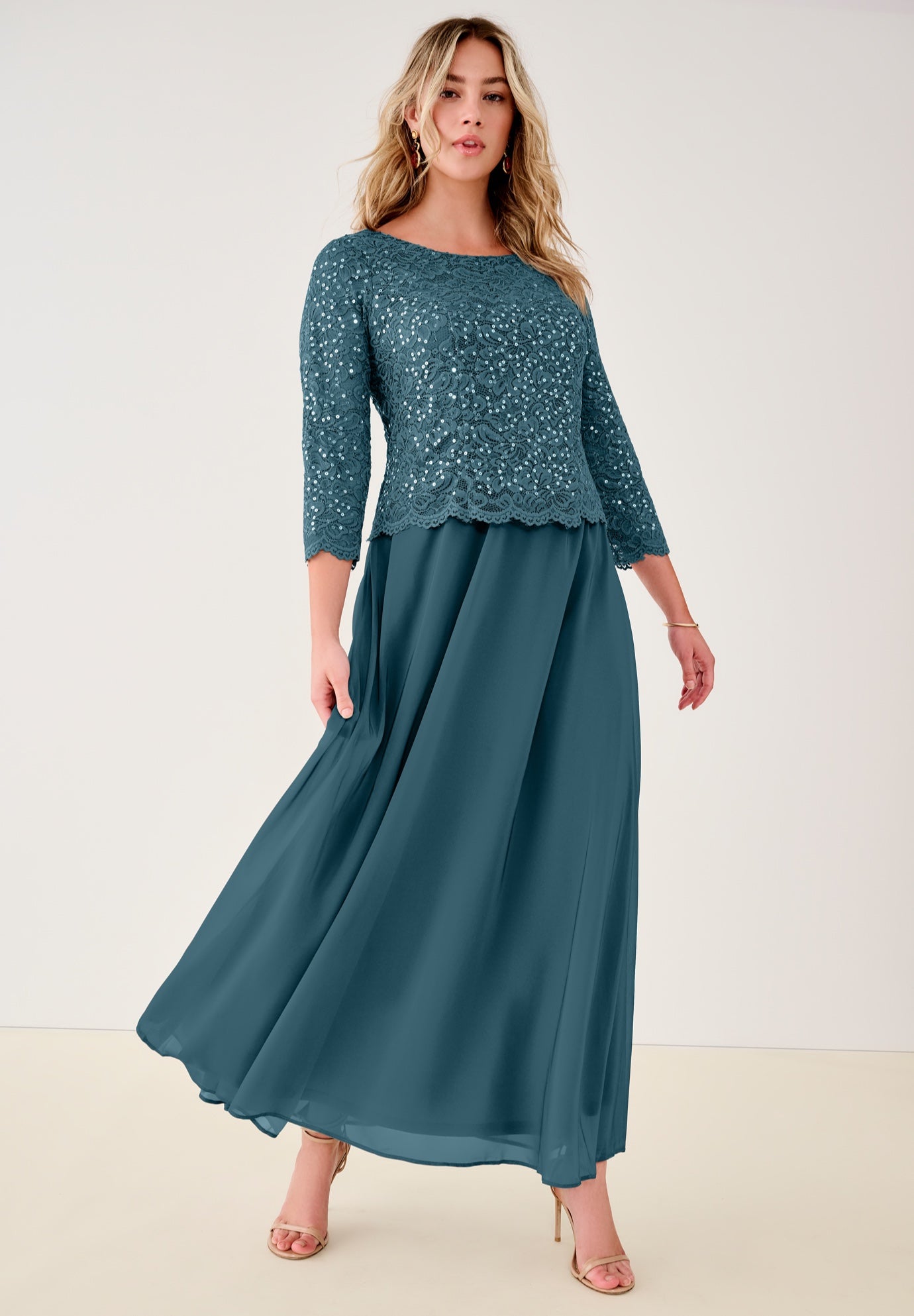Plus Size Sequin Lace Three Quarter Sleeve A-Line Gown image number 0