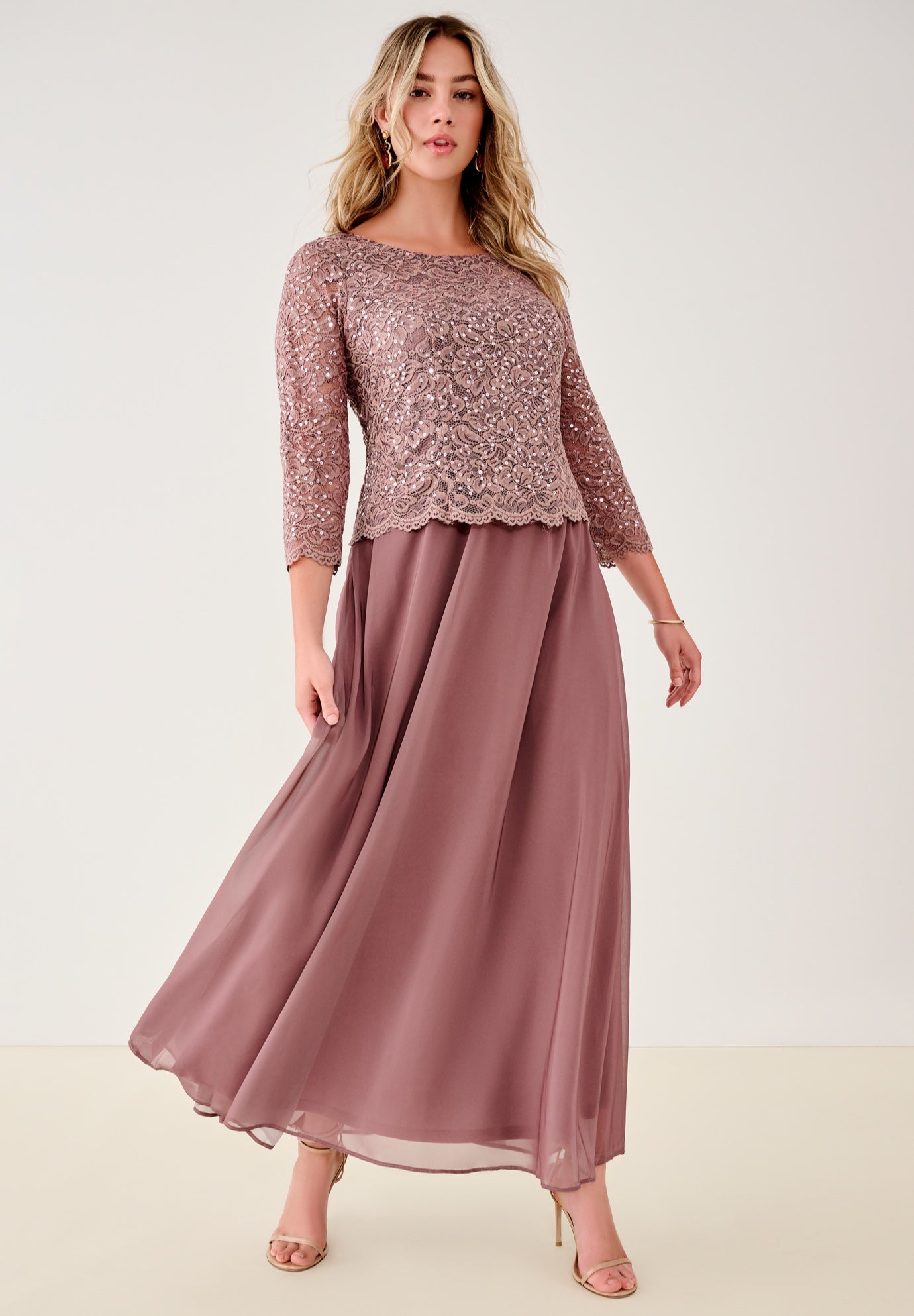 Plus Size Sequin Lace Three Quarter Sleeve A-Line Gown image number 0