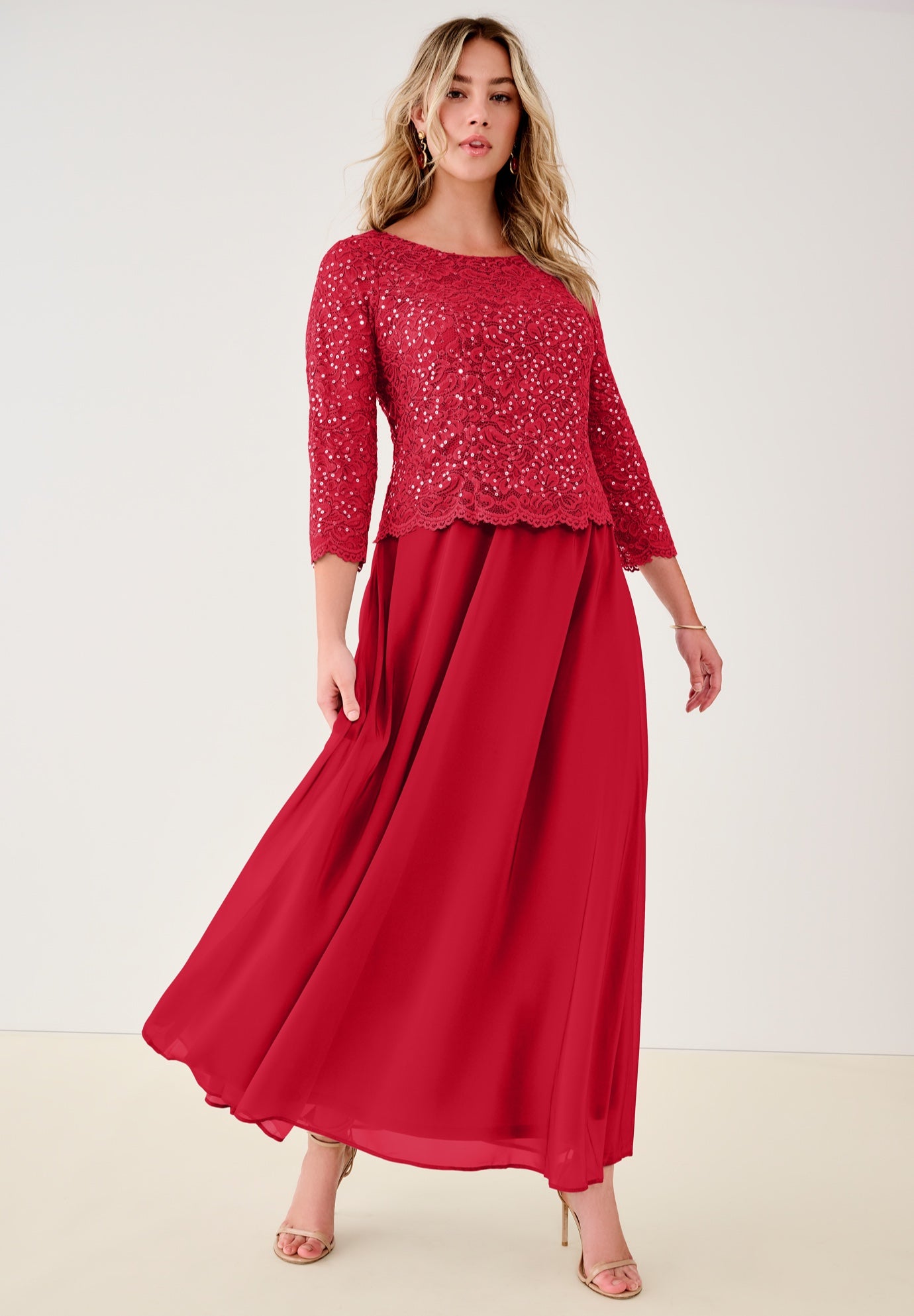 Plus Size Sequin Lace Three Quarter Sleeve A-Line Gown image number 0