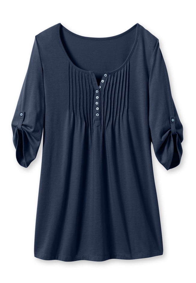 7-Day Three-Quarter Sleeve Pintucked Henley Tunic image number 1