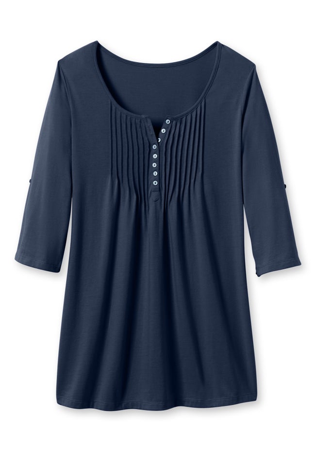 7-Day Three-Quarter Sleeve Pintucked Henley Tunic image number 2