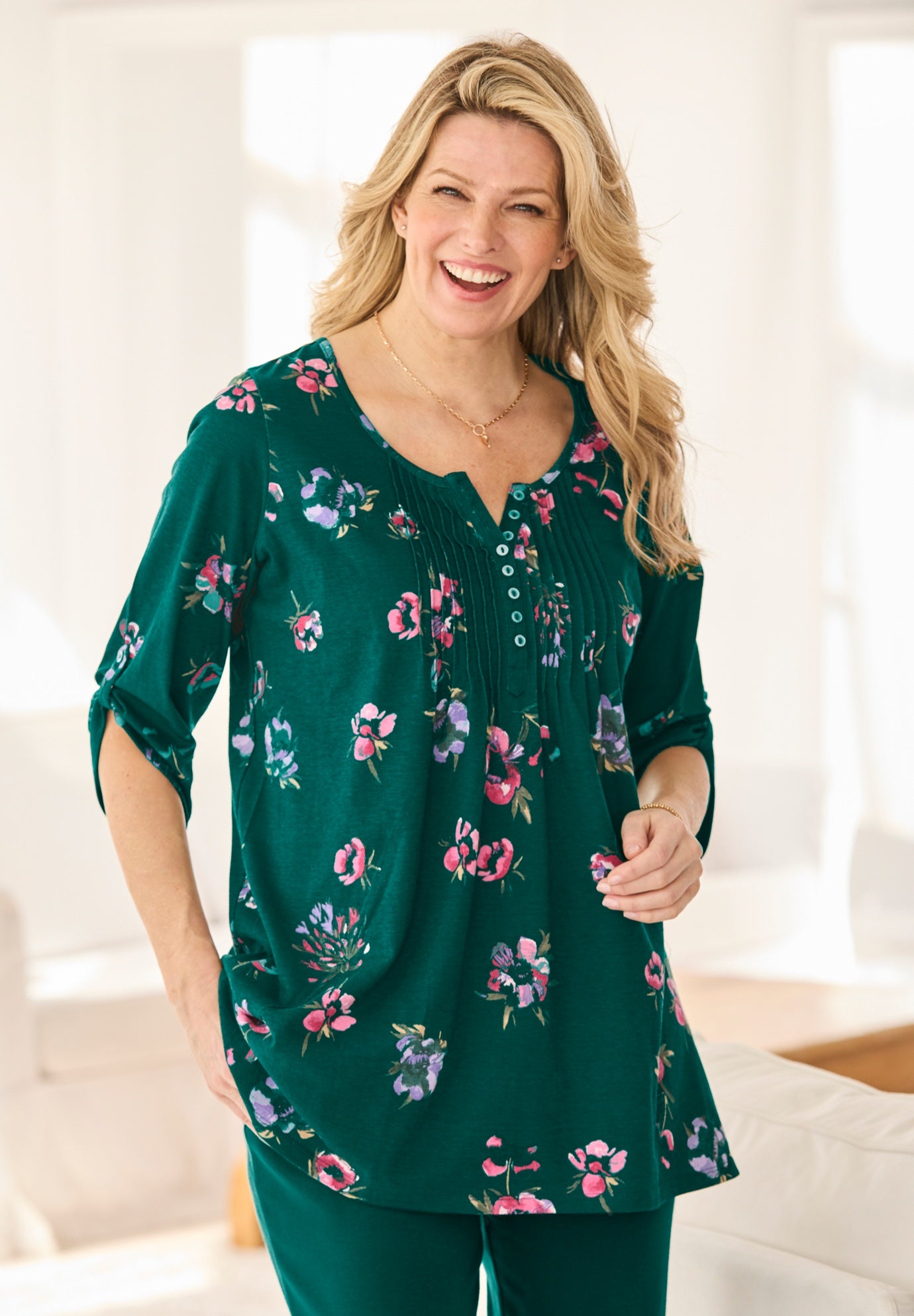 7-Day Three-Quarter Sleeve Pintucked Henley Tunic image number 0