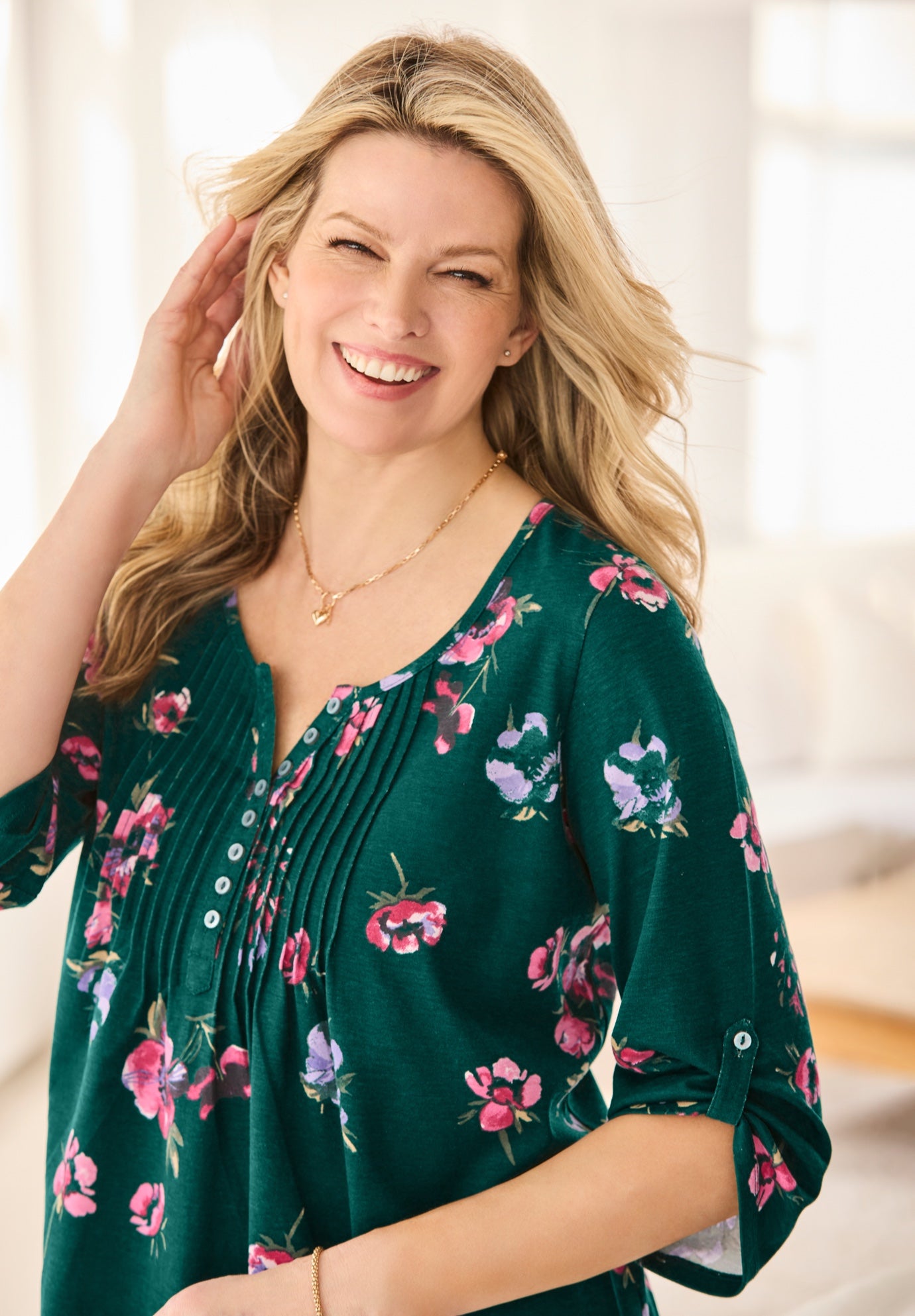 7-Day Three-Quarter Sleeve Pintucked Henley Tunic image number 1