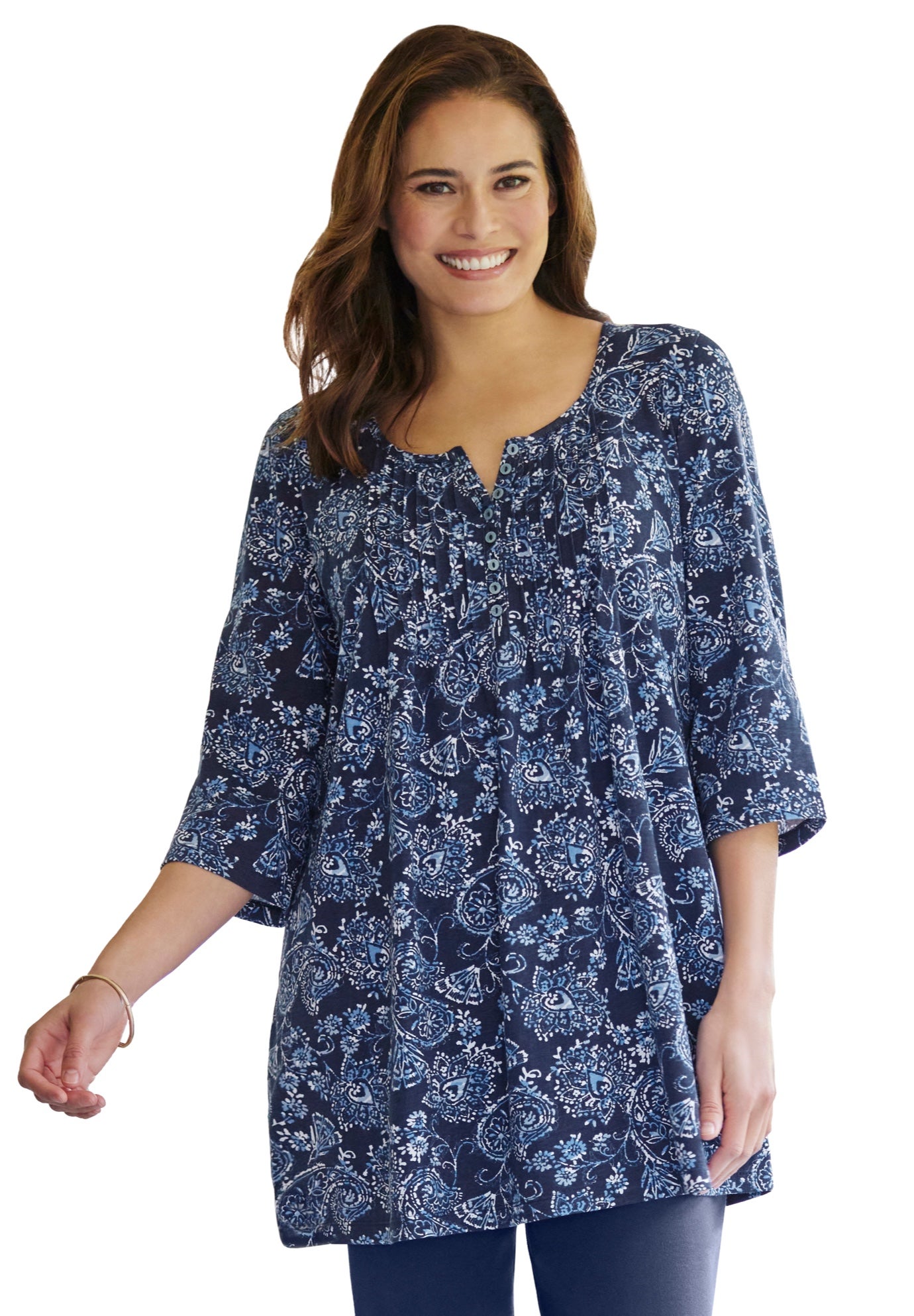 7-Day Three-Quarter Sleeve Pintucked Henley Tunic image number 1