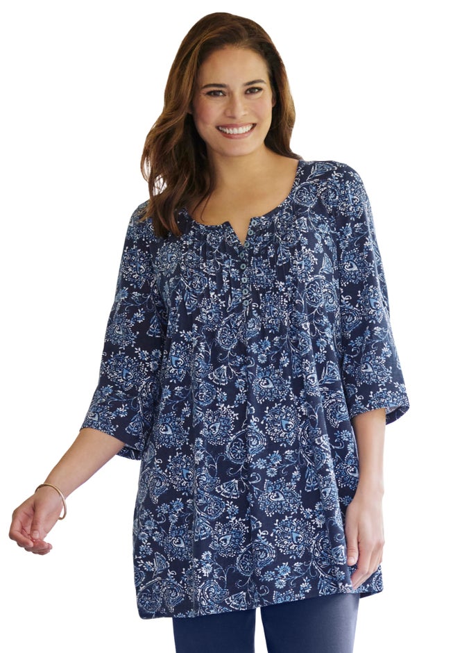 7-Day Three-Quarter Sleeve Pintucked Henley Tunic image number 1