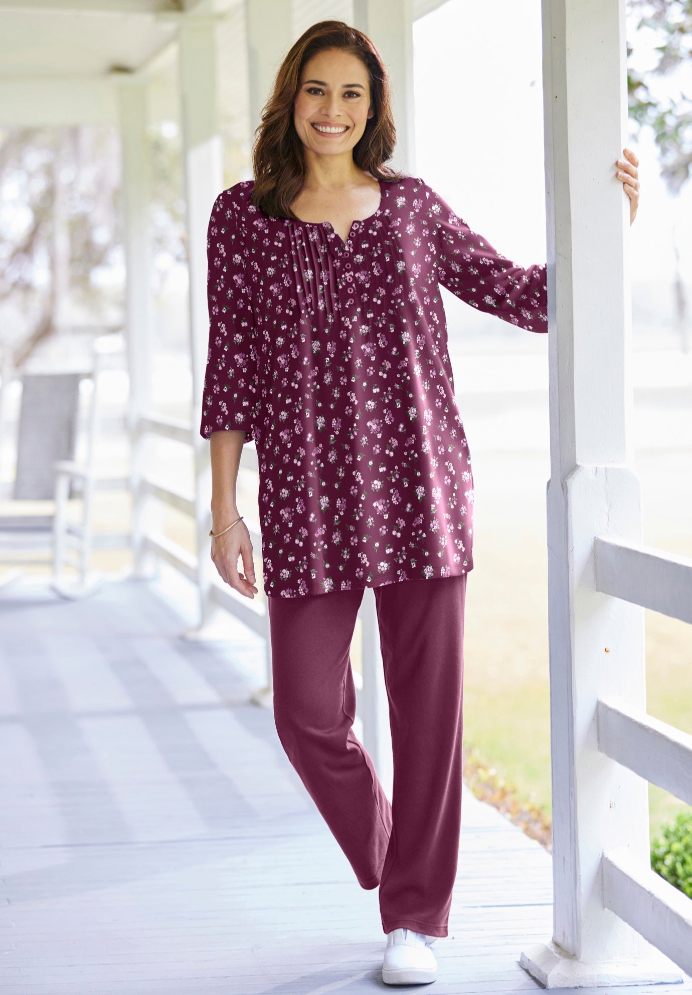 7-Day Three-Quarter Sleeve Pintucked Henley Tunic image number 0