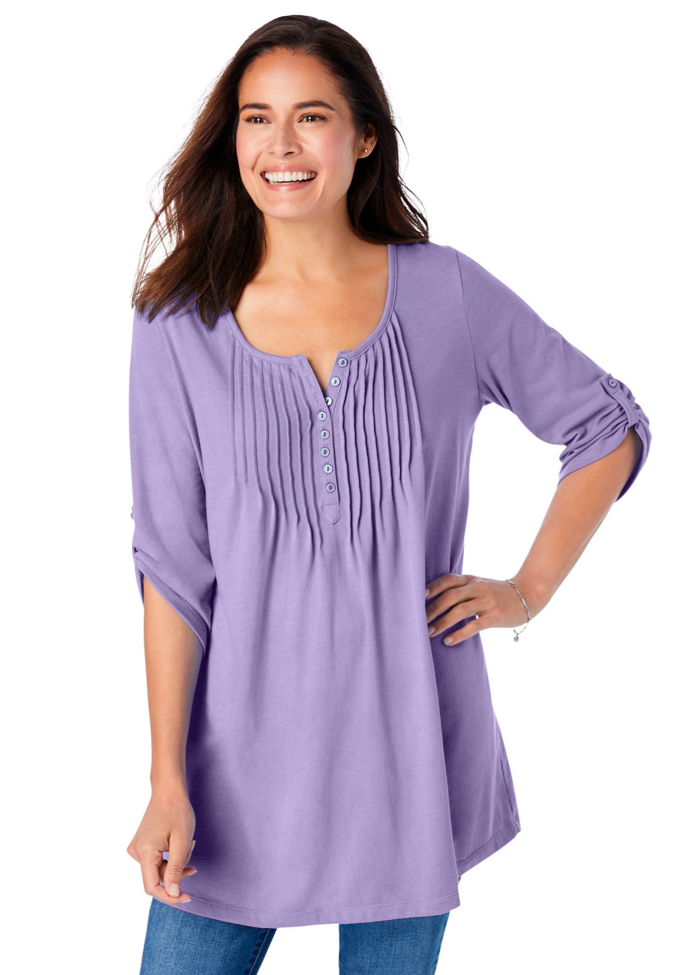 7-Day Three-Quarter Sleeve Pintucked Henley Tunic image number 0
