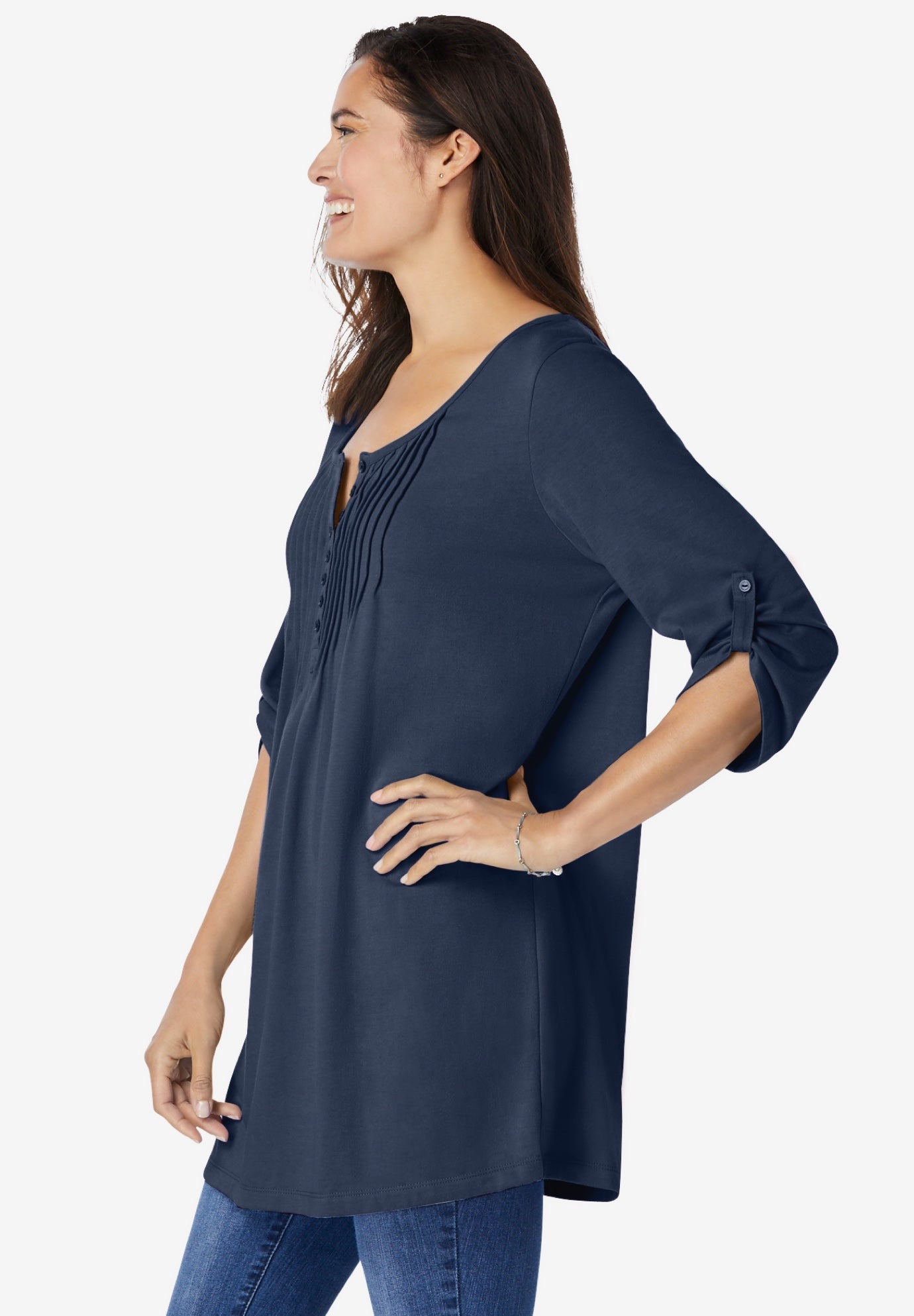 7-Day Three-Quarter Sleeve Pintucked Henley Tunic image number 4