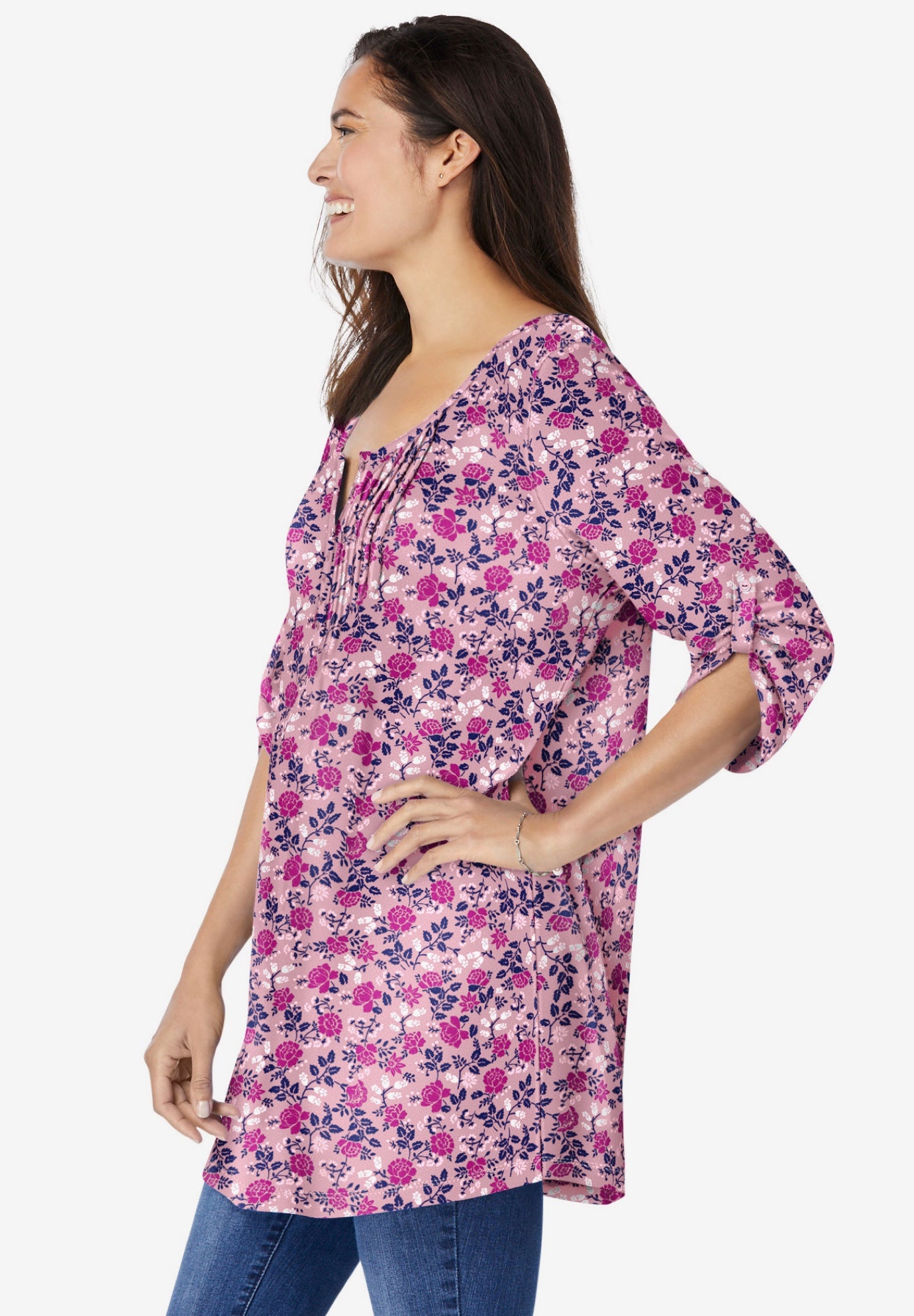 7-Day Three-Quarter Sleeve Pintucked Henley Tunic image number 2