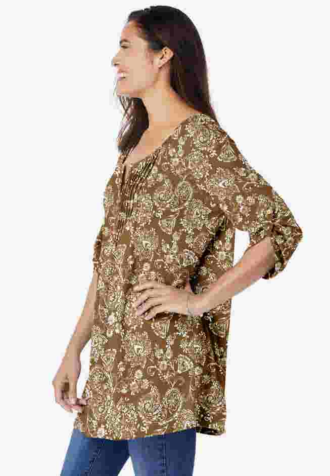 7-Day Three-Quarter Sleeve Pintucked Henley Tunic image number 2