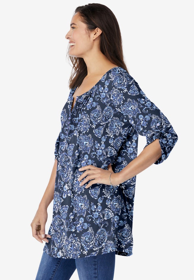 7-Day Three-Quarter Sleeve Pintucked Henley Tunic image number 2