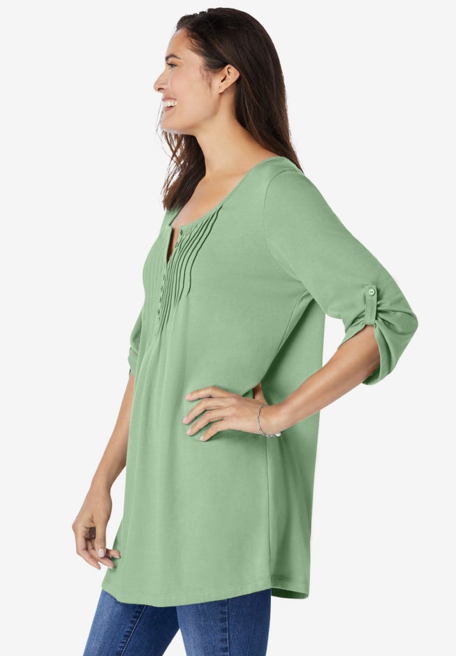 7-Day Three-Quarter Sleeve Pintucked Henley Tunic image number 4