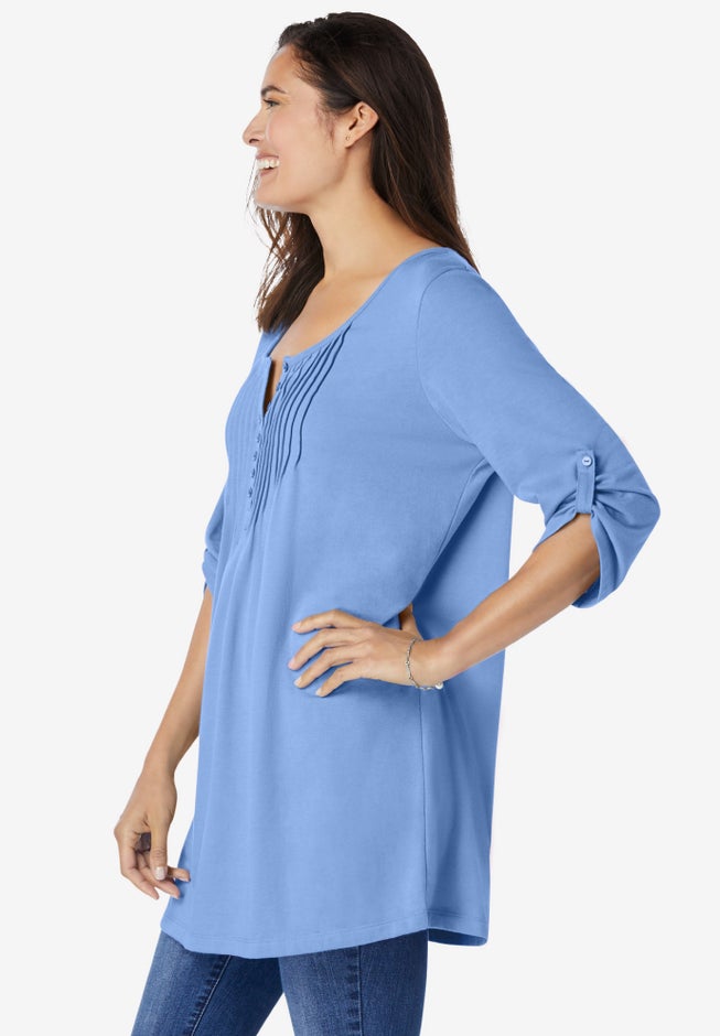 7-Day Three-Quarter Sleeve Pintucked Henley Tunic image number 2