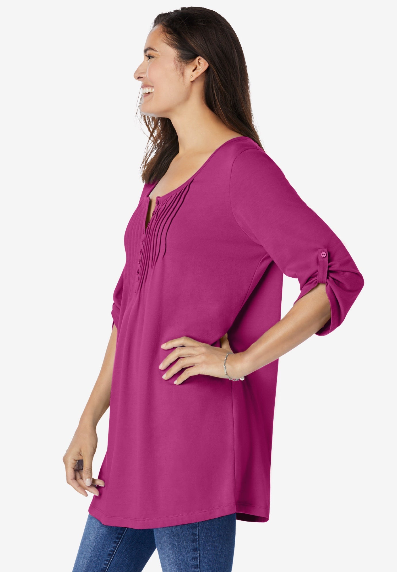 7-Day Three-Quarter Sleeve Pintucked Henley Tunic image number 2