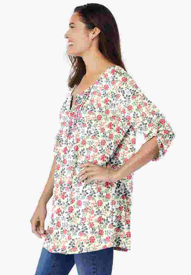 7-Day Three-Quarter Sleeve Pintucked Henley Tunic image number 2