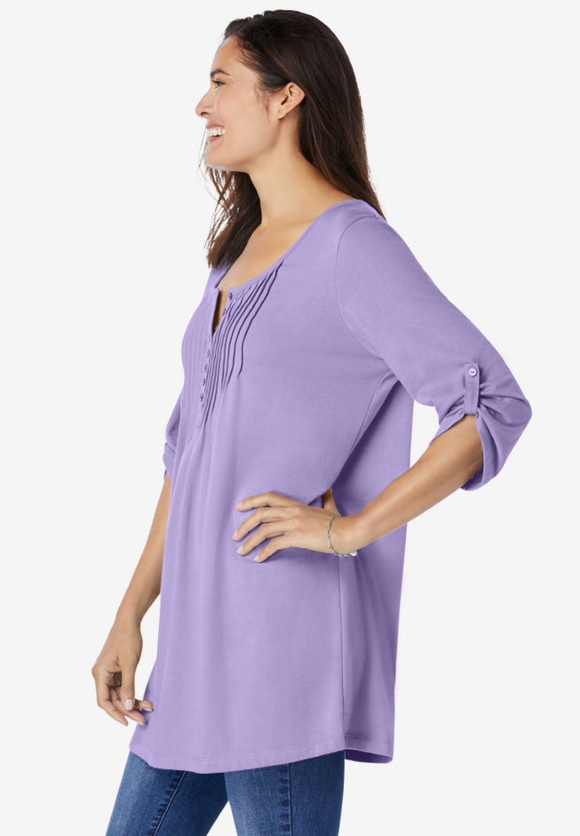 7-Day Three-Quarter Sleeve Pintucked Henley Tunic image number 4