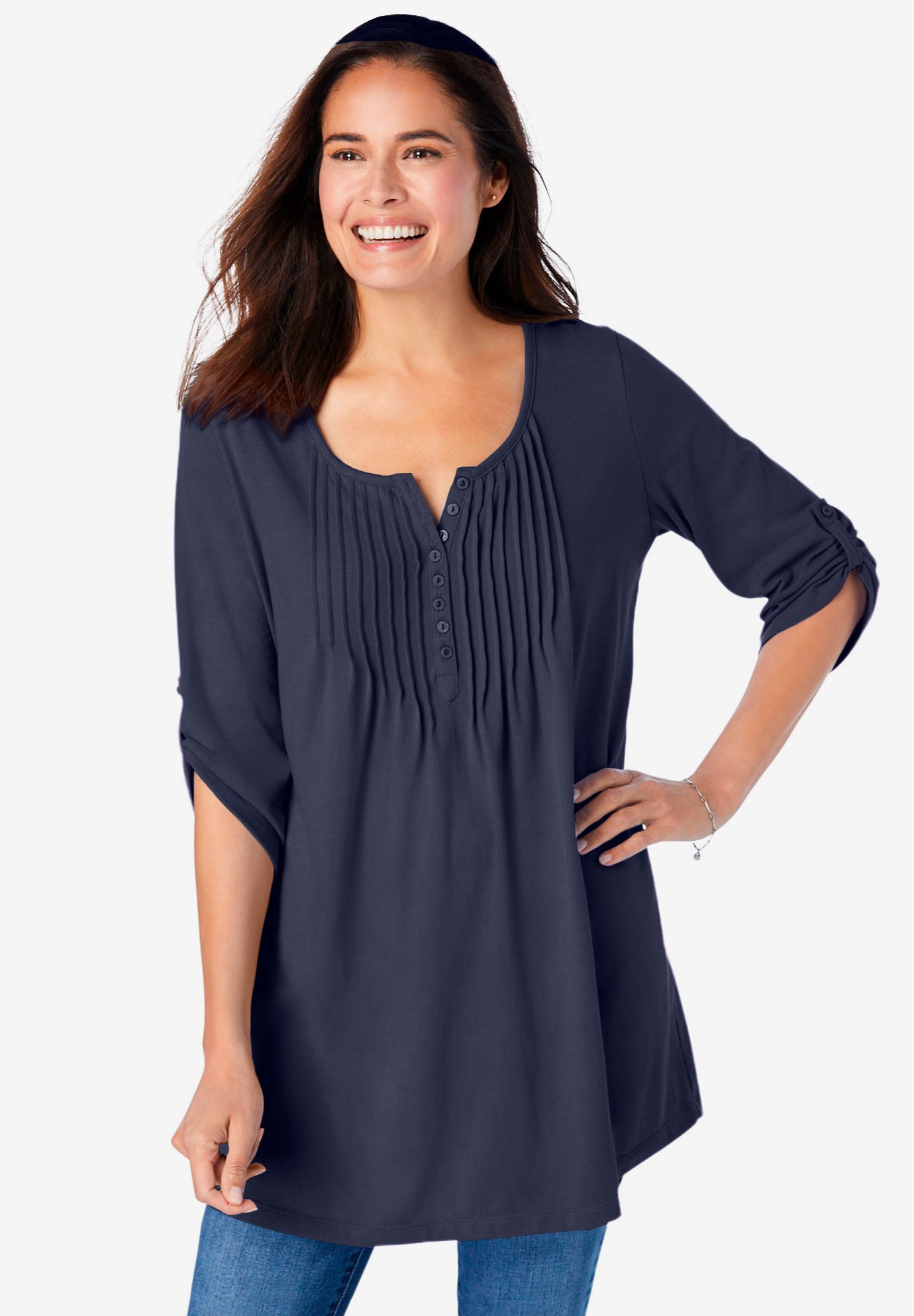 7-Day Three-Quarter Sleeve Pintucked Henley Tunic image number 0