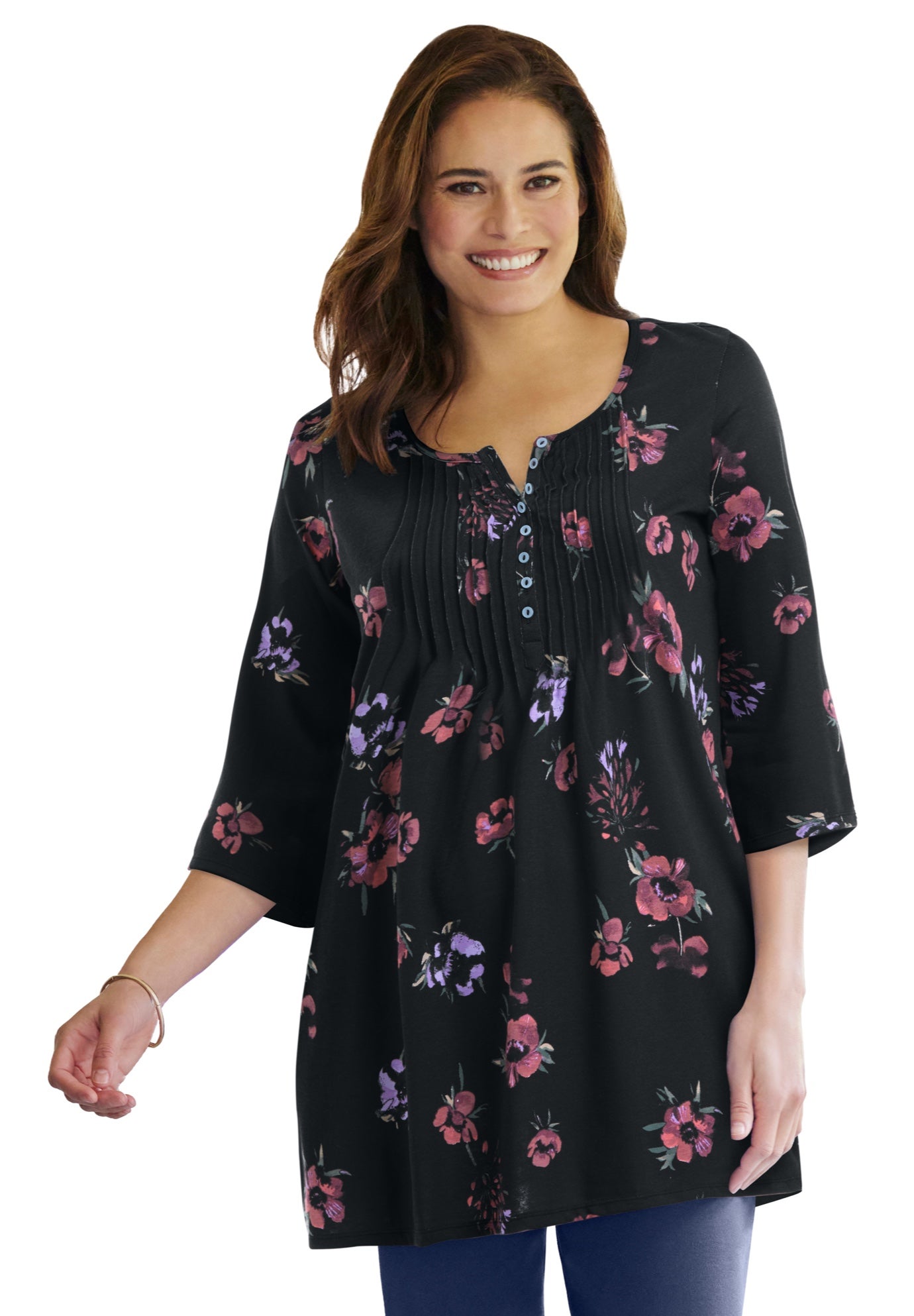 7-Day Three-Quarter Sleeve Pintucked Henley Tunic image number 0